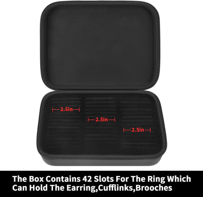 Ring Organizer Box, 42-Slot Hard Shell Case, Holds 50+ Pieces, Black | EVA and PU Carry Case with Velvet Foam Slots, Zipper and Handle for Collectors, Travel, Hotels, Weddings and Displays
