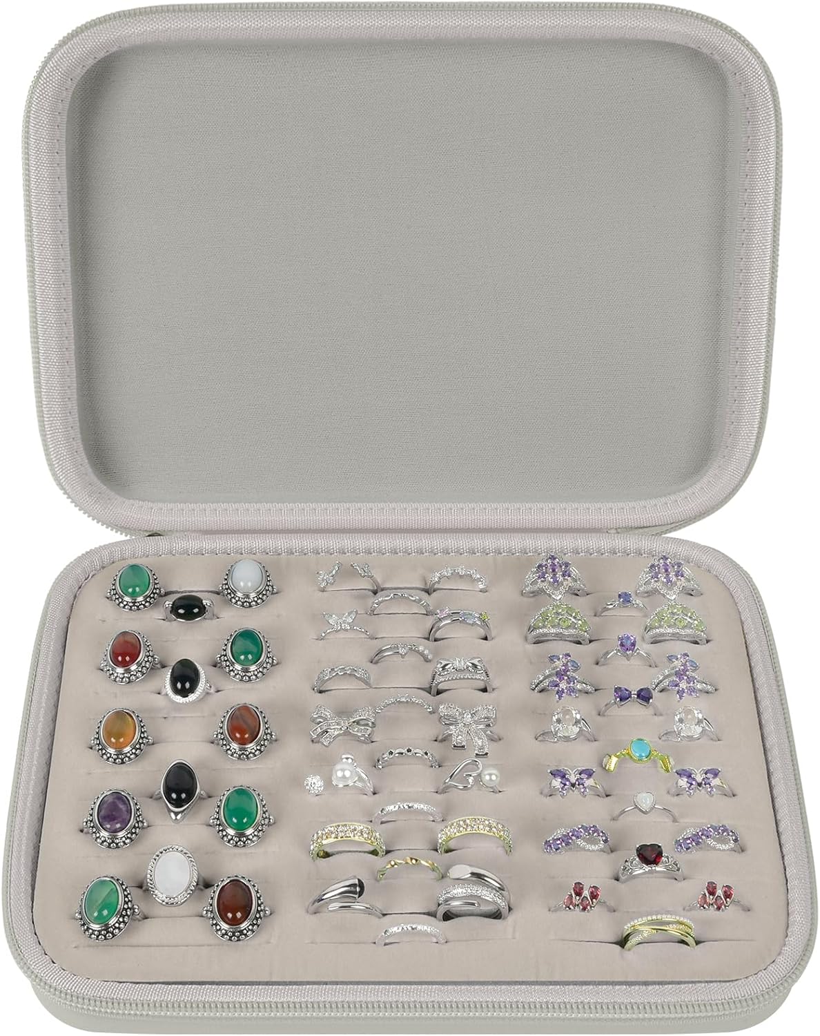 Ring Organizer Box, 42-Slot Hard Shell Case, Holds 50+ Pieces, Black | EVA and PU Carry Case with Velvet Foam Slots, Zipper and Handle for Collectors, Travel, Hotels, Weddings and Displays