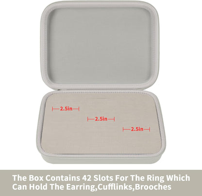 Ring Organizer Box, 42-Slot Hard Shell Case, Holds 50+ Pieces, Black | EVA and PU Carry Case with Velvet Foam Slots, Zipper and Handle for Collectors, Travel, Hotels, Weddings and Displays