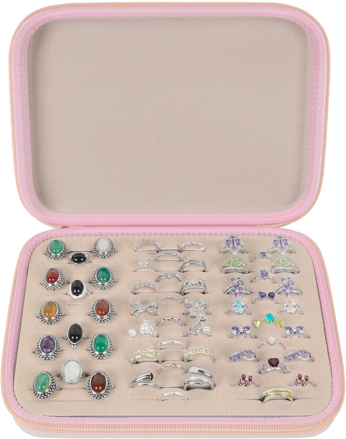 Ring Organizer Box, 42-Slot Hard Shell Case, Holds 50+ Pieces, Black | EVA and PU Carry Case with Velvet Foam Slots, Zipper and Handle for Collectors, Travel, Hotels, Weddings and Displays