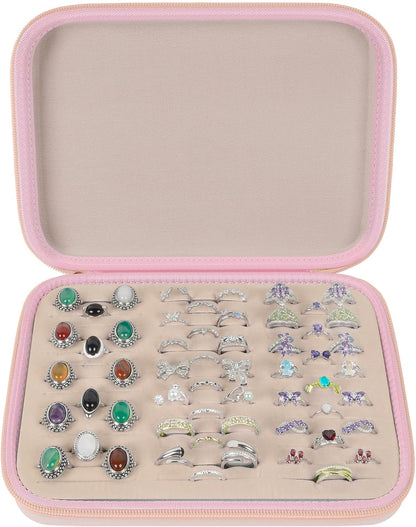 Ring Organizer Box, 42-Slot Hard Shell Case, Holds 50+ Pieces, Black | EVA and PU Carry Case with Velvet Foam Slots, Zipper and Handle for Collectors, Travel, Hotels, Weddings and Displays