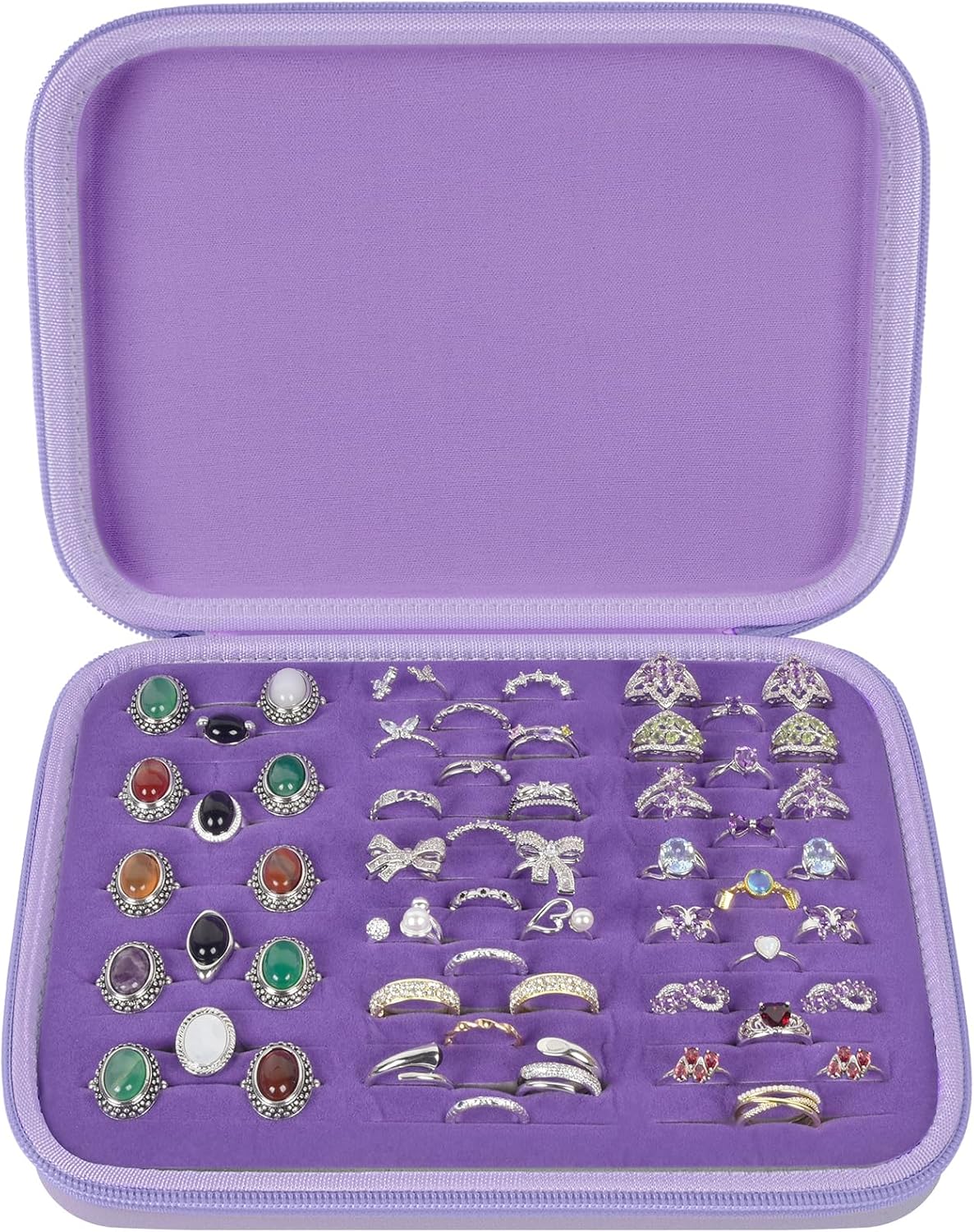 Ring Organizer Box, 42-Slot Hard Shell Case, Holds 50+ Pieces, Black | EVA and PU Carry Case with Velvet Foam Slots, Zipper and Handle for Collectors, Travel, Hotels, Weddings and Displays