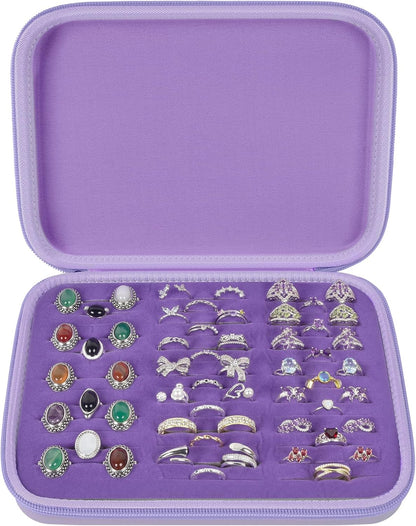 Ring Organizer Box, 42-Slot Hard Shell Case, Holds 50+ Pieces, Black | EVA and PU Carry Case with Velvet Foam Slots, Zipper and Handle for Collectors, Travel, Hotels, Weddings and Displays
