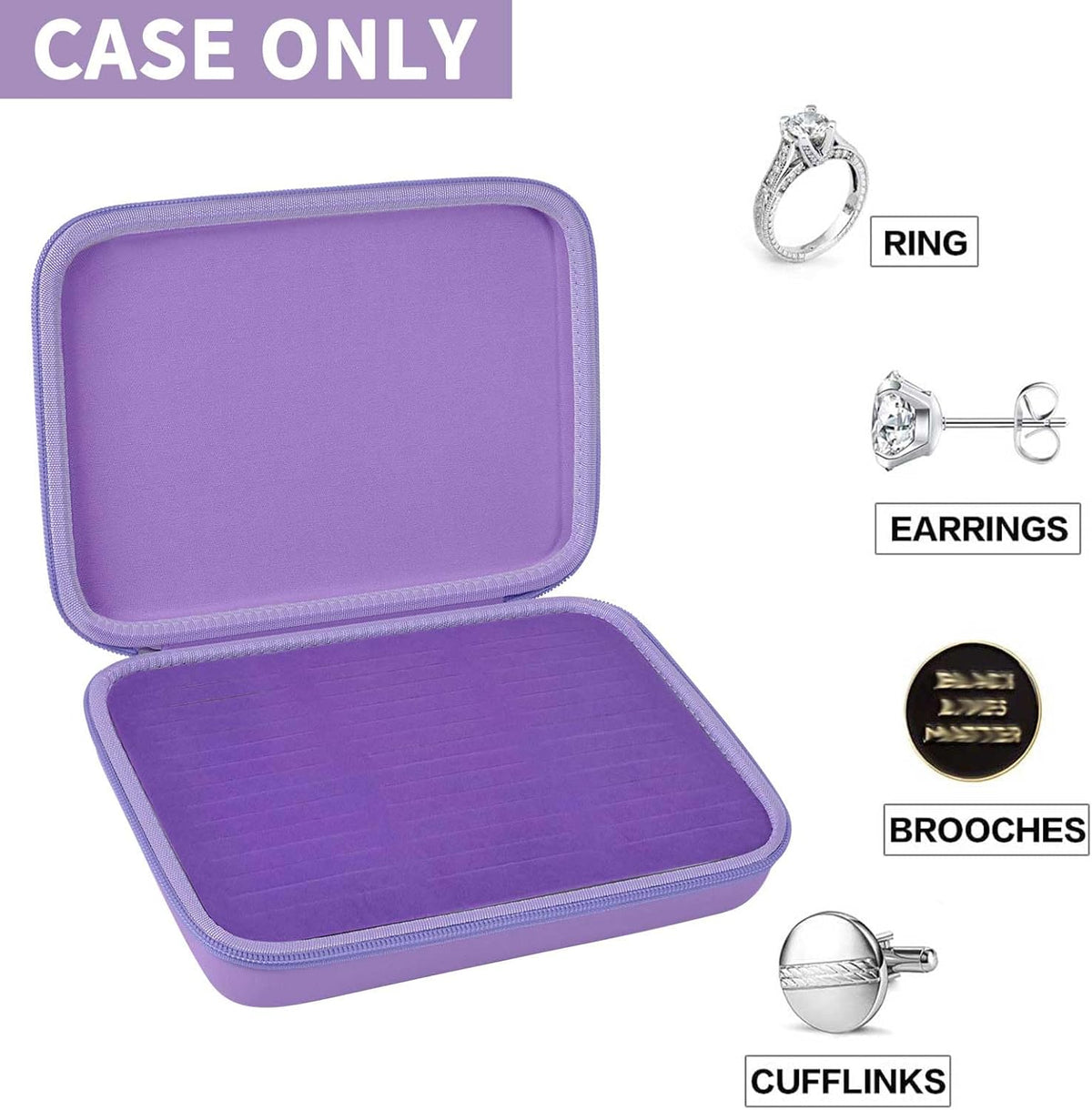 Ring Organizer Box, 42-Slot Hard Shell Case, Holds 50+ Pieces, Black | EVA and PU Carry Case with Velvet Foam Slots, Zipper and Handle for Collectors, Travel, Hotels, Weddings and Displays