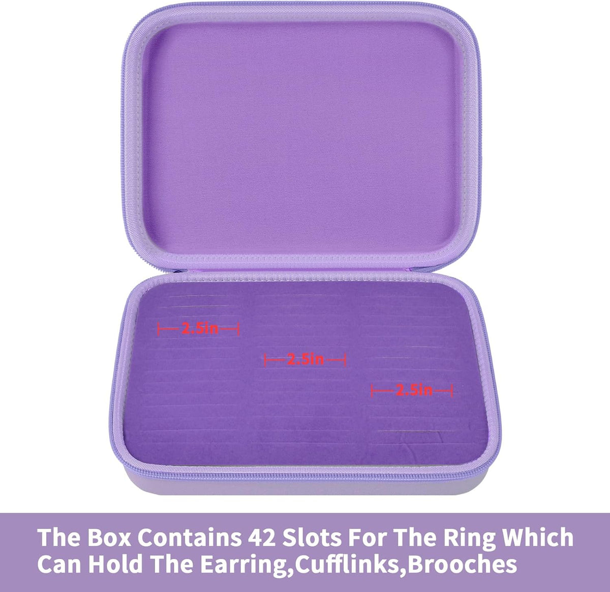 Ring Organizer Box, 42-Slot Hard Shell Case, Holds 50+ Pieces, Black | EVA and PU Carry Case with Velvet Foam Slots, Zipper and Handle for Collectors, Travel, Hotels, Weddings and Displays