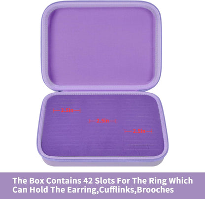 Ring Organizer Box, 42-Slot Hard Shell Case, Holds 50+ Pieces, Black | EVA and PU Carry Case with Velvet Foam Slots, Zipper and Handle for Collectors, Travel, Hotels, Weddings and Displays