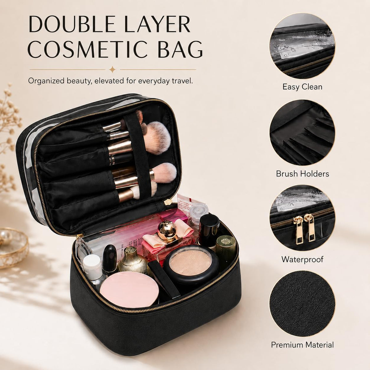 Double-layer Cosmetic Bag Makeup Bag Travel Makeup Bag Makeup Bags for Women Cosmetics Cases Portable Waterproof Foldable (Leopard)