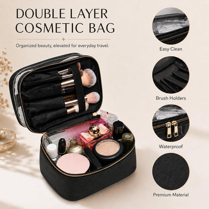 Double-layer Cosmetic Bag Makeup Bag Travel Makeup Bag Makeup Bags for Women Cosmetics Cases Portable Waterproof Foldable (Leopard)