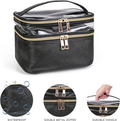 Double-layer Cosmetic Bag Makeup Bag Travel Makeup Bag Makeup Bags for Women Cosmetics Cases Portable Waterproof Foldable (Leopard)