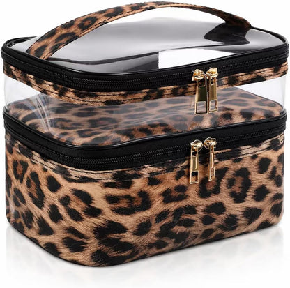 Double-layer Cosmetic Bag Makeup Bag Travel Makeup Bag Makeup Bags for Women Cosmetics Cases Portable Waterproof Foldable (Leopard)