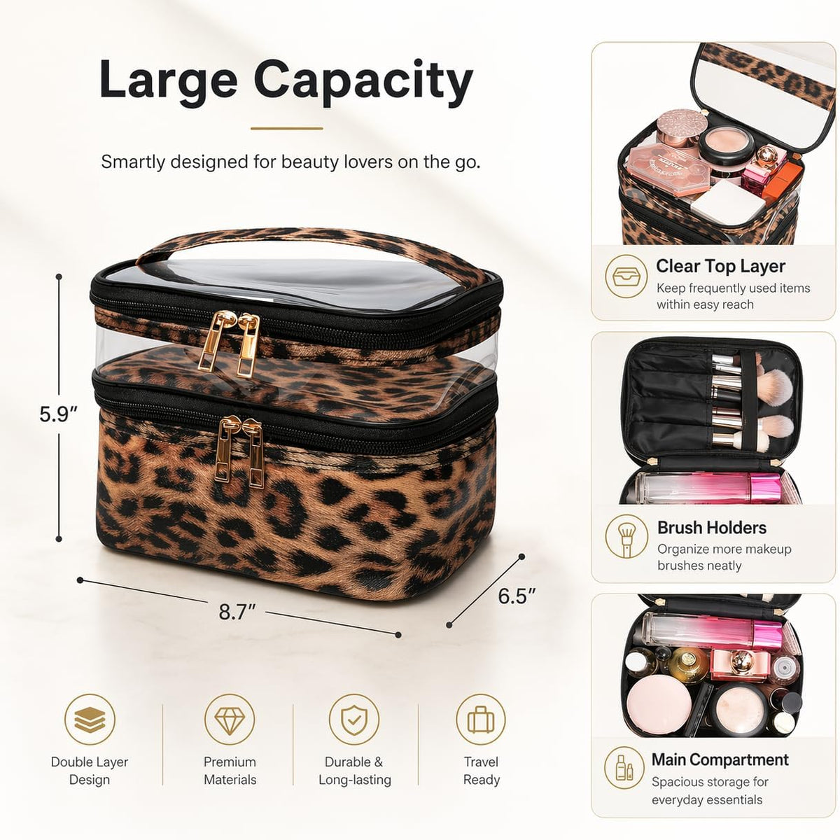 Double-layer Cosmetic Bag Makeup Bag Travel Makeup Bag Makeup Bags for Women Cosmetics Cases Portable Waterproof Foldable (Leopard)