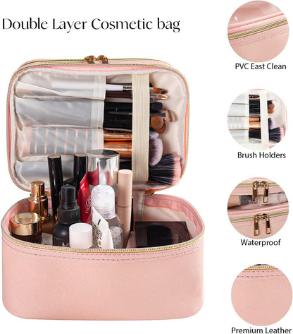 Double-layer Cosmetic Bag Makeup Bag Travel Makeup Bag Makeup Bags for Women Cosmetics Cases Portable Waterproof Foldable (Leopard)