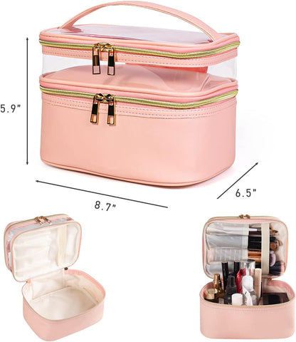 Double-layer Cosmetic Bag Makeup Bag Travel Makeup Bag Makeup Bags for Women Cosmetics Cases Portable Waterproof Foldable (Leopard)
