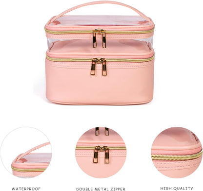 Double-layer Cosmetic Bag Makeup Bag Travel Makeup Bag Makeup Bags for Women Cosmetics Cases Portable Waterproof Foldable (Leopard)