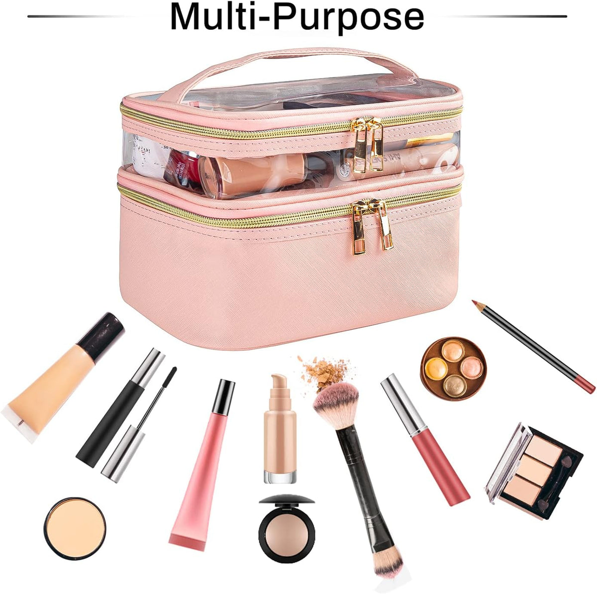 Double-layer Cosmetic Bag Makeup Bag Travel Makeup Bag Makeup Bags for Women Cosmetics Cases Portable Waterproof Foldable (Leopard)