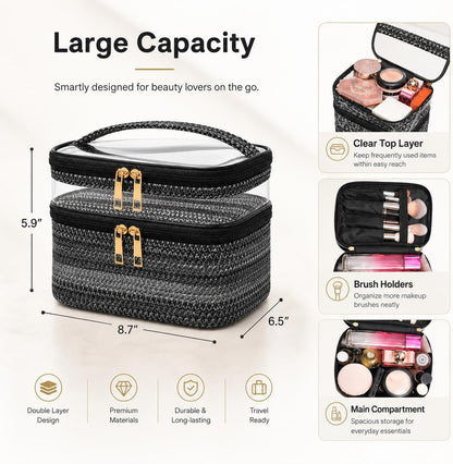 Double-layer Cosmetic Bag Makeup Bag Travel Makeup Bag Makeup Bags for Women Cosmetics Cases Portable Waterproof Foldable (Leopard)
