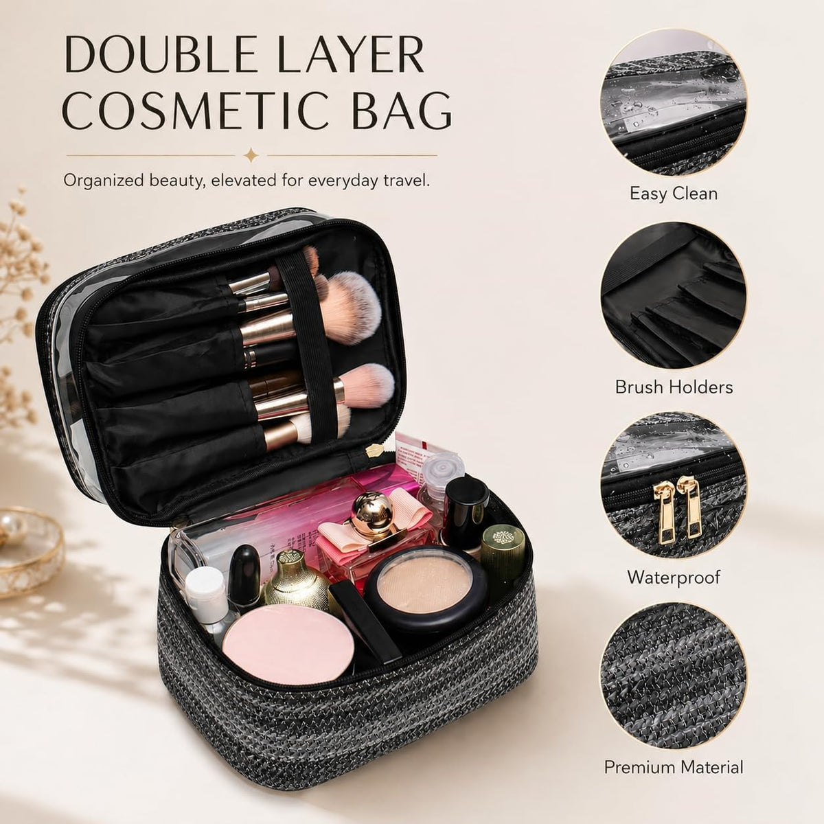 Double-layer Cosmetic Bag Makeup Bag Travel Makeup Bag Makeup Bags for Women Cosmetics Cases Portable Waterproof Foldable (Leopard)