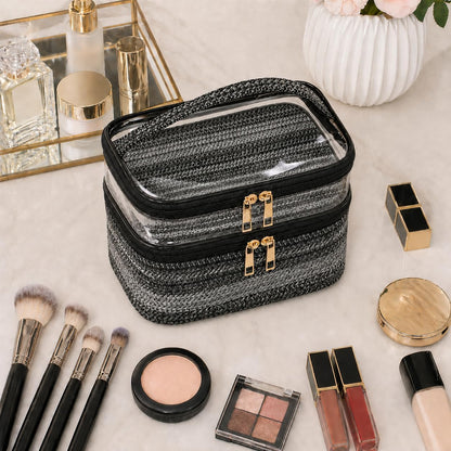 Double-layer Cosmetic Bag Makeup Bag Travel Makeup Bag Makeup Bags for Women Cosmetics Cases Portable Waterproof Foldable (Leopard)