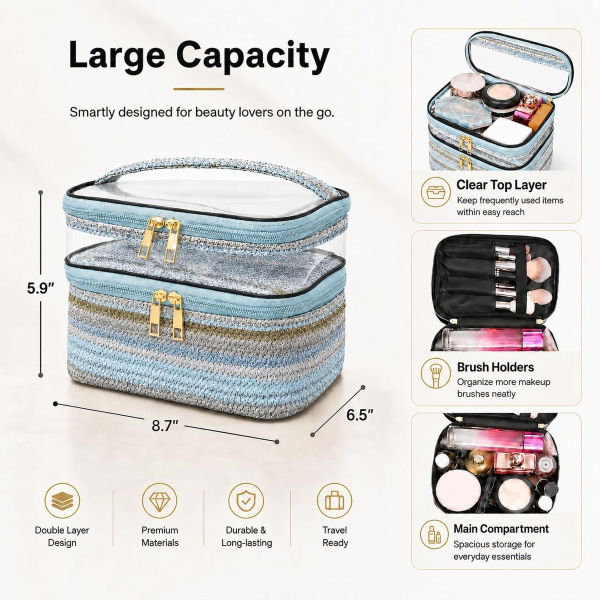 Double-layer Cosmetic Bag Makeup Bag Travel Makeup Bag Makeup Bags for Women Cosmetics Cases Portable Waterproof Foldable (Leopard)