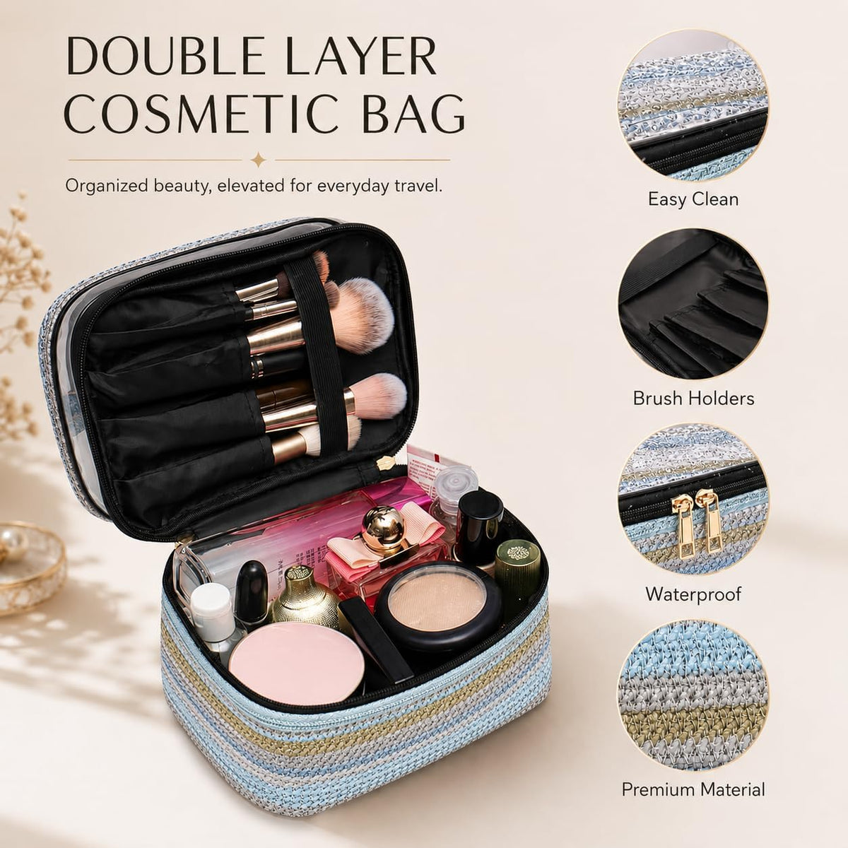 Double-layer Cosmetic Bag Makeup Bag Travel Makeup Bag Makeup Bags for Women Cosmetics Cases Portable Waterproof Foldable (Leopard)