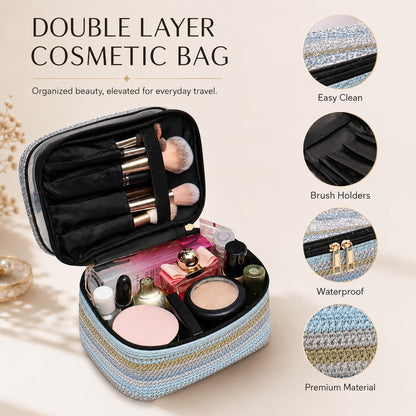 Double-layer Cosmetic Bag Makeup Bag Travel Makeup Bag Makeup Bags for Women Cosmetics Cases Portable Waterproof Foldable (Leopard)