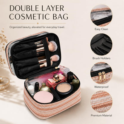 Double-layer Cosmetic Bag Makeup Bag Travel Makeup Bag Makeup Bags for Women Cosmetics Cases Portable Waterproof Foldable (Leopard)