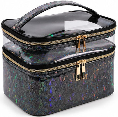 Double-layer Cosmetic Bag Makeup Bag Travel Makeup Bag Makeup Bags for Women Cosmetics Cases Portable Waterproof Foldable (Leopard)