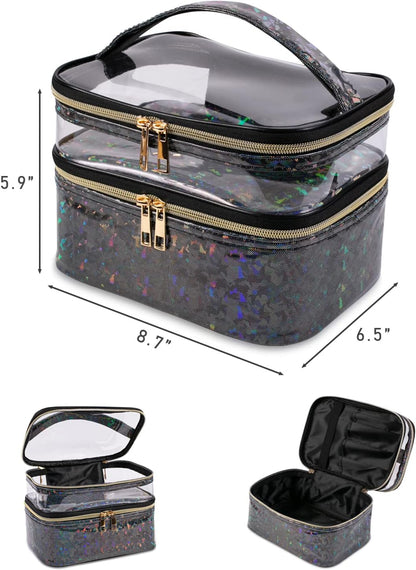 Double-layer Cosmetic Bag Makeup Bag Travel Makeup Bag Makeup Bags for Women Cosmetics Cases Portable Waterproof Foldable (Leopard)