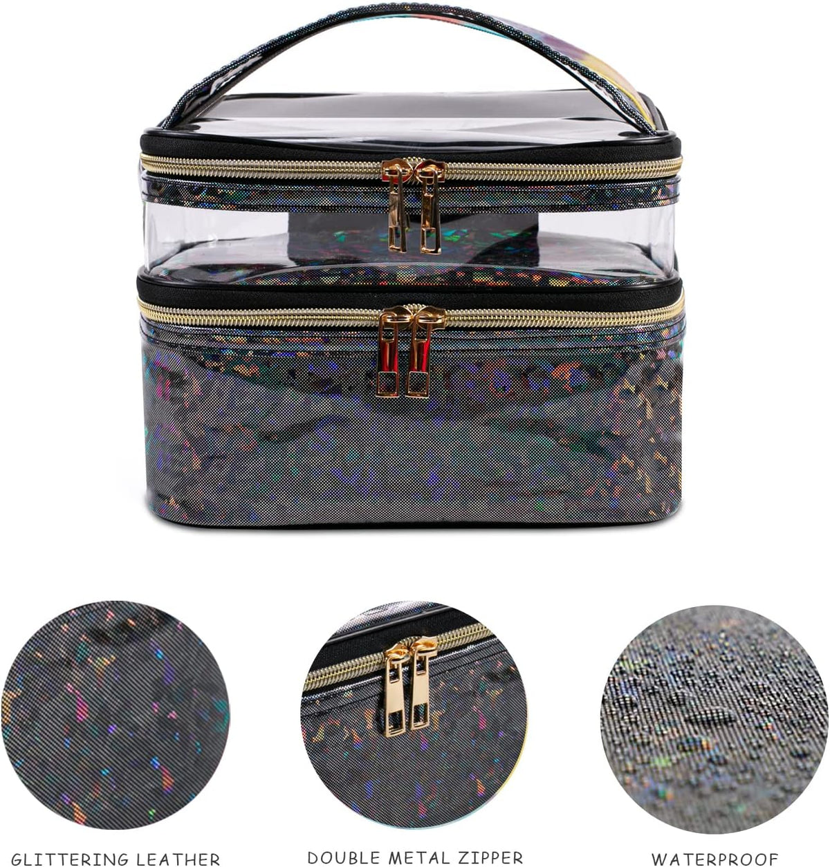 Double-layer Cosmetic Bag Makeup Bag Travel Makeup Bag Makeup Bags for Women Cosmetics Cases Portable Waterproof Foldable (Leopard)
