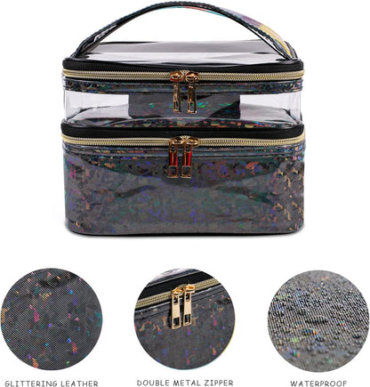 Double-layer Cosmetic Bag Makeup Bag Travel Makeup Bag Makeup Bags for Women Cosmetics Cases Portable Waterproof Foldable (Leopard)
