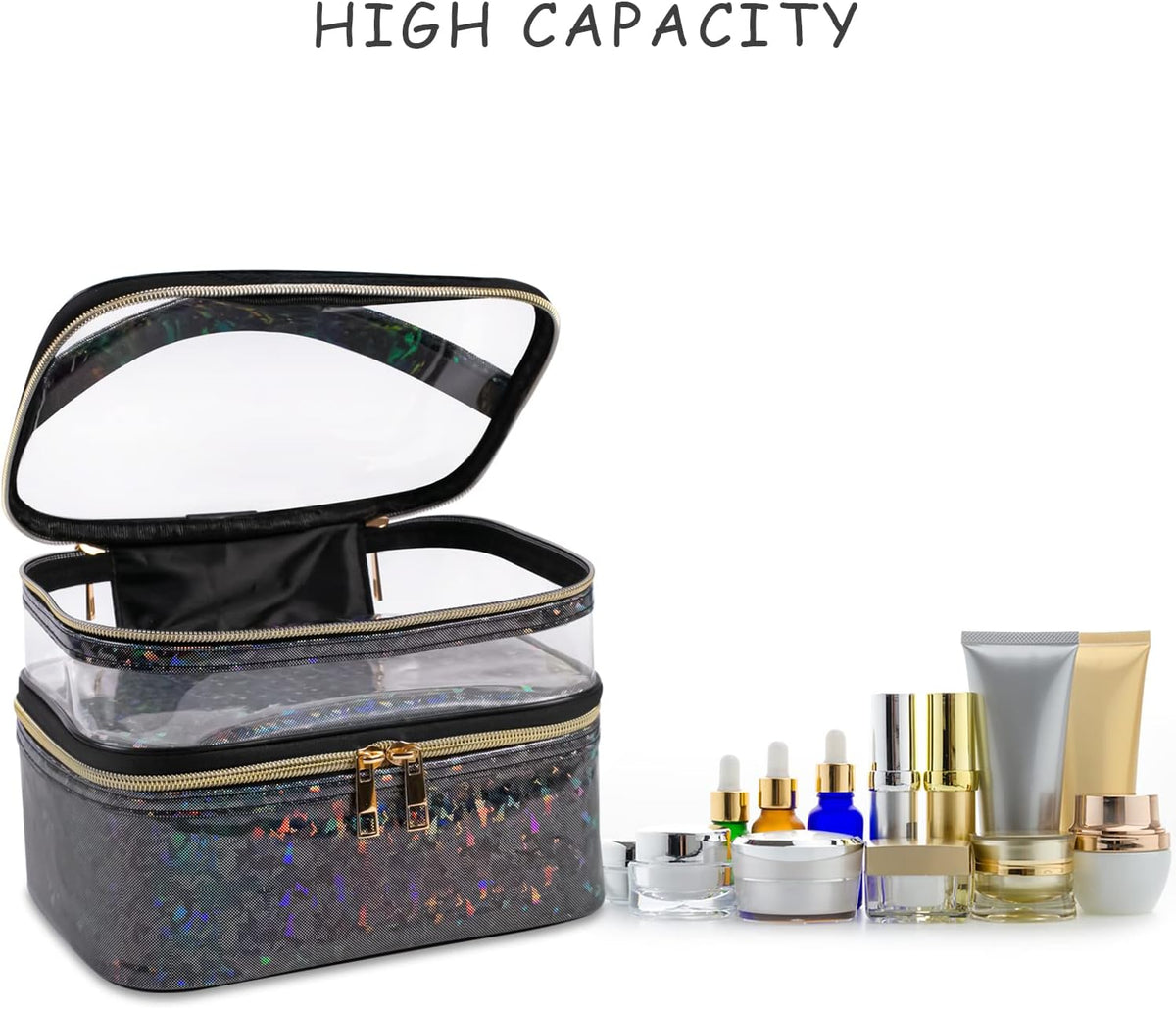 Double-layer Cosmetic Bag Makeup Bag Travel Makeup Bag Makeup Bags for Women Cosmetics Cases Portable Waterproof Foldable (Leopard)