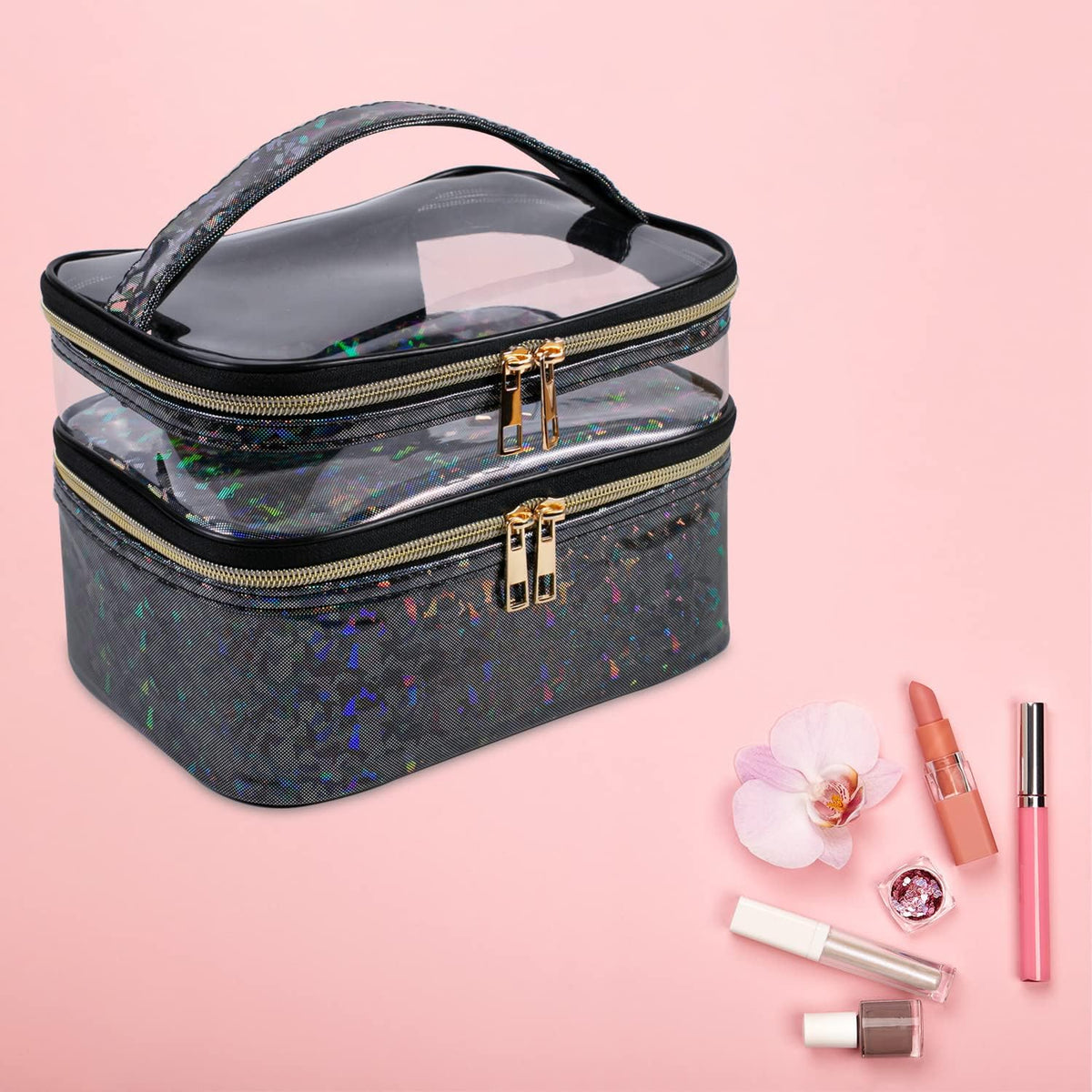 Double-layer Cosmetic Bag Makeup Bag Travel Makeup Bag Makeup Bags for Women Cosmetics Cases Portable Waterproof Foldable (Leopard)