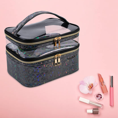 Double-layer Cosmetic Bag Makeup Bag Travel Makeup Bag Makeup Bags for Women Cosmetics Cases Portable Waterproof Foldable (Leopard)