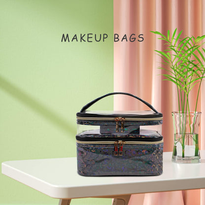 Double-layer Cosmetic Bag Makeup Bag Travel Makeup Bag Makeup Bags for Women Cosmetics Cases Portable Waterproof Foldable (Leopard)