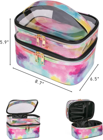 Double-layer Cosmetic Bag Makeup Bag Travel Makeup Bag Makeup Bags for Women Cosmetics Cases Portable Waterproof Foldable (Leopard)