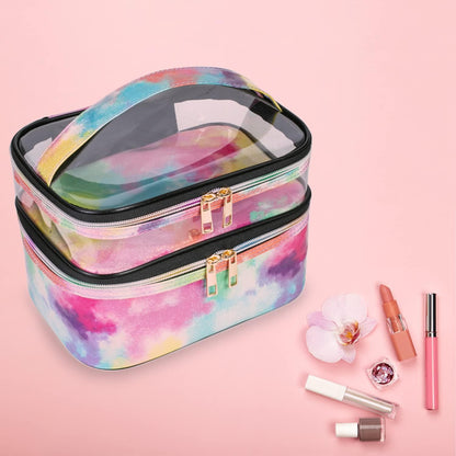 Double-layer Cosmetic Bag Makeup Bag Travel Makeup Bag Makeup Bags for Women Cosmetics Cases Portable Waterproof Foldable (Leopard)
