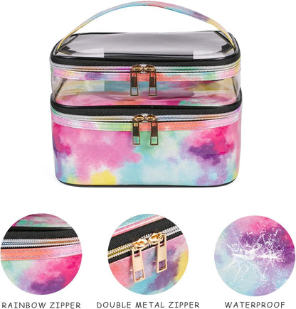 Double-layer Cosmetic Bag Makeup Bag Travel Makeup Bag Makeup Bags for Women Cosmetics Cases Portable Waterproof Foldable (Leopard)