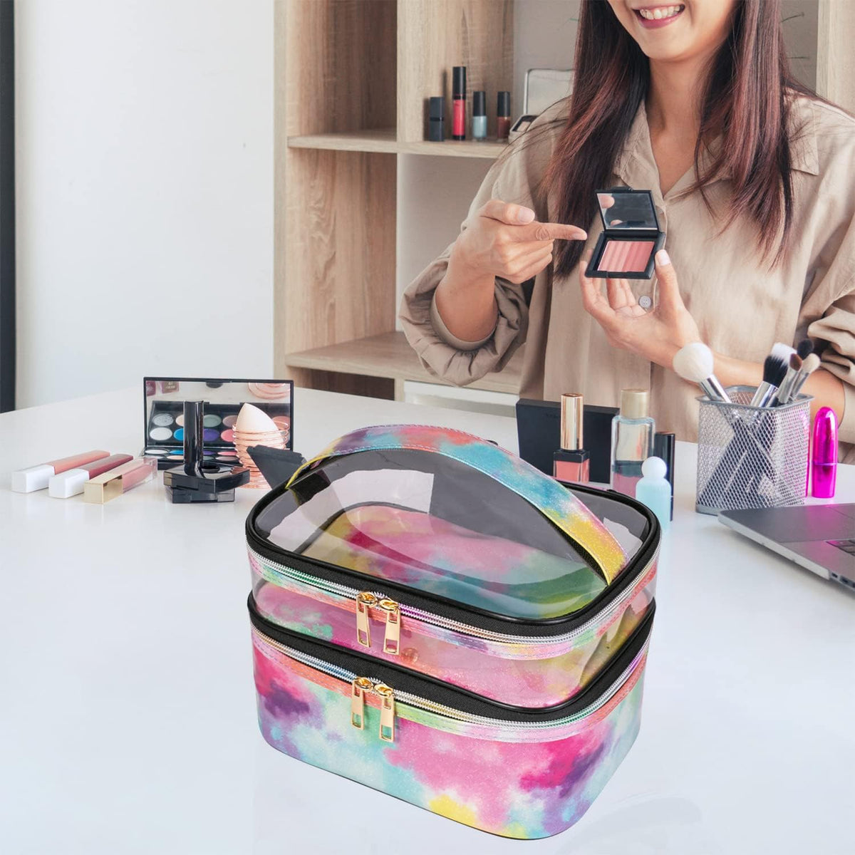 Double-layer Cosmetic Bag Makeup Bag Travel Makeup Bag Makeup Bags for Women Cosmetics Cases Portable Waterproof Foldable (Leopard)