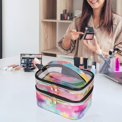 Double-layer Cosmetic Bag Makeup Bag Travel Makeup Bag Makeup Bags for Women Cosmetics Cases Portable Waterproof Foldable (Leopard)