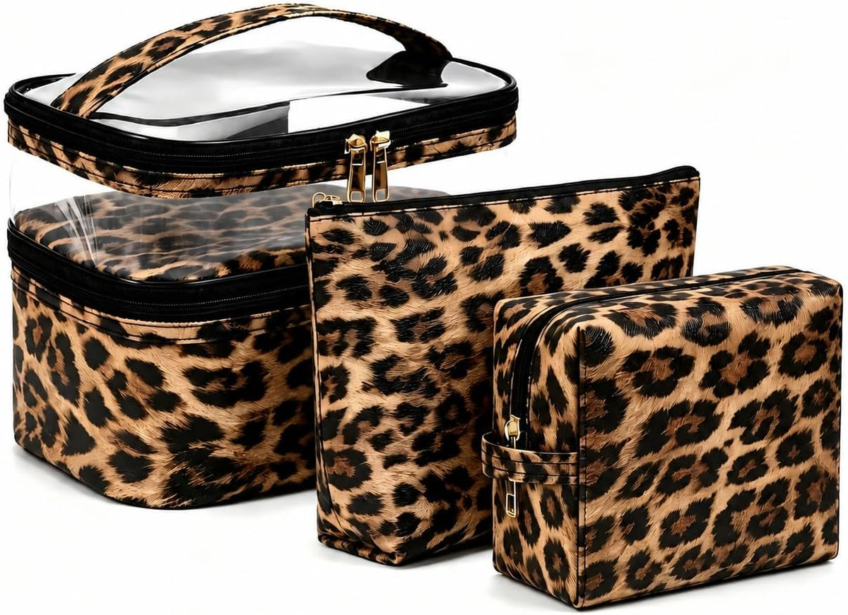 Double-layer Cosmetic Bag Makeup Bag Travel Makeup Bag Makeup Bags for Women Cosmetics Cases Portable Waterproof Foldable (Leopard)
