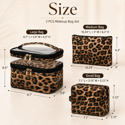 Double-layer Cosmetic Bag Makeup Bag Travel Makeup Bag Makeup Bags for Women Cosmetics Cases Portable Waterproof Foldable (Leopard)