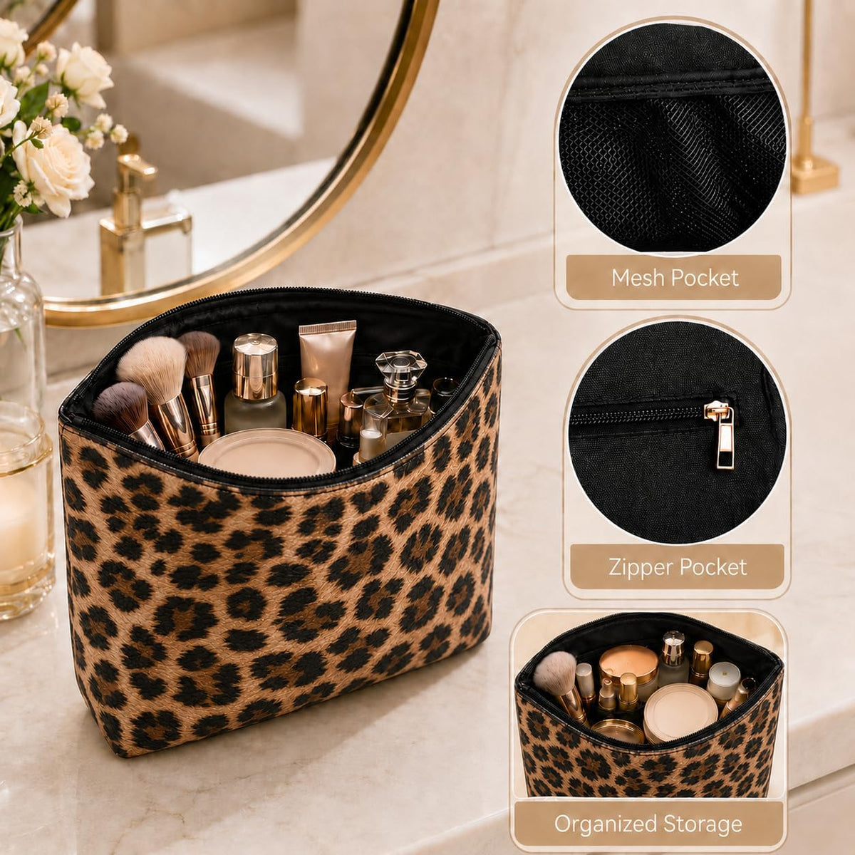 Double-layer Cosmetic Bag Makeup Bag Travel Makeup Bag Makeup Bags for Women Cosmetics Cases Portable Waterproof Foldable (Leopard)