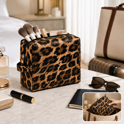 Double-layer Cosmetic Bag Makeup Bag Travel Makeup Bag Makeup Bags for Women Cosmetics Cases Portable Waterproof Foldable (Leopard)