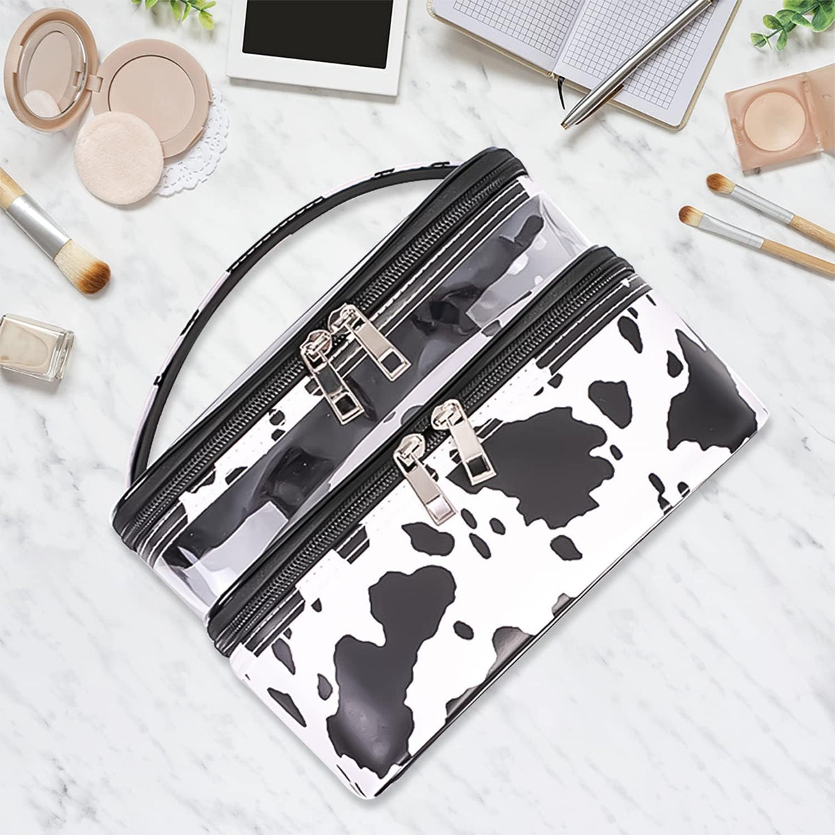 Double-layer Cosmetic Bag Makeup Bag Travel Makeup Bag Makeup Bags for Women Cosmetics Cases Portable Waterproof Foldable (Leopard)