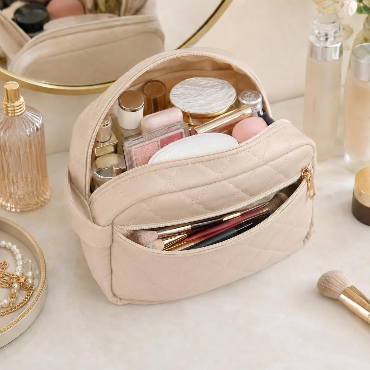 Double-layer Cosmetic Bag Makeup Bag Travel Makeup Bag Makeup Bags for Women Cosmetics Cases Portable Waterproof Foldable (Leopard)