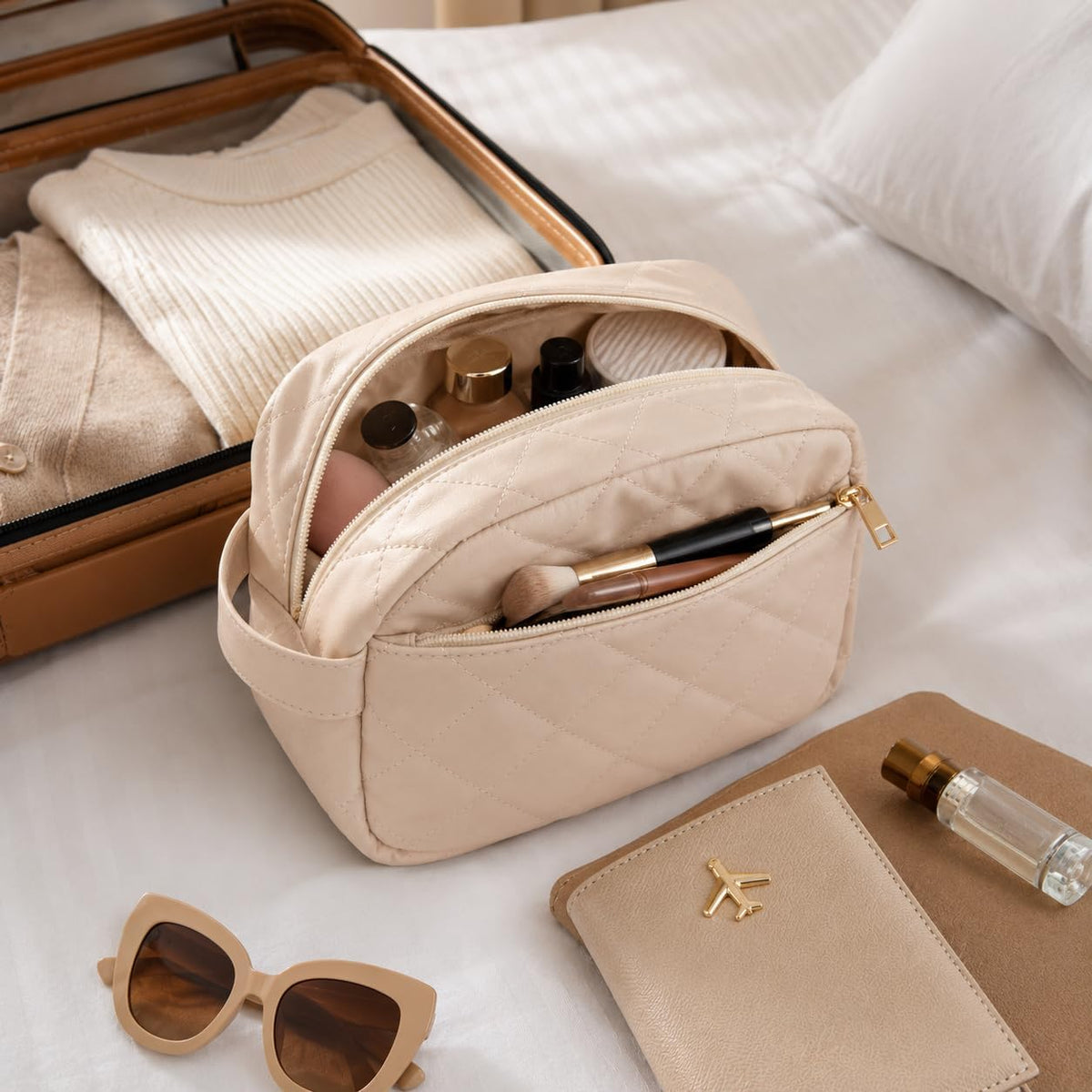 Double-layer Cosmetic Bag Makeup Bag Travel Makeup Bag Makeup Bags for Women Cosmetics Cases Portable Waterproof Foldable (Leopard)