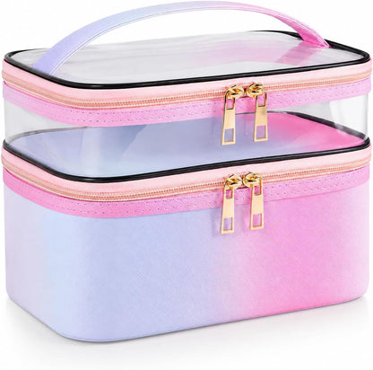 Double-layer Cosmetic Bag Makeup Bag Travel Makeup Bag Makeup Bags for Women Cosmetics Cases Portable Waterproof Foldable (Leopard)