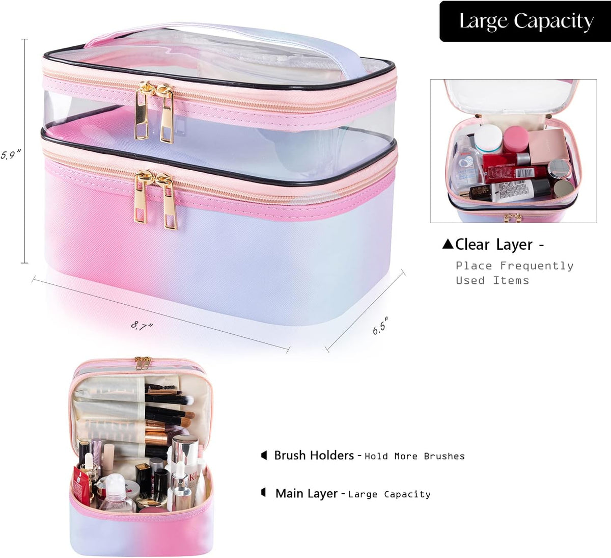 Double-layer Cosmetic Bag Makeup Bag Travel Makeup Bag Makeup Bags for Women Cosmetics Cases Portable Waterproof Foldable (Leopard)