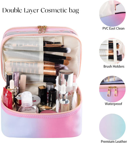 Double-layer Cosmetic Bag Makeup Bag Travel Makeup Bag Makeup Bags for Women Cosmetics Cases Portable Waterproof Foldable (Leopard)