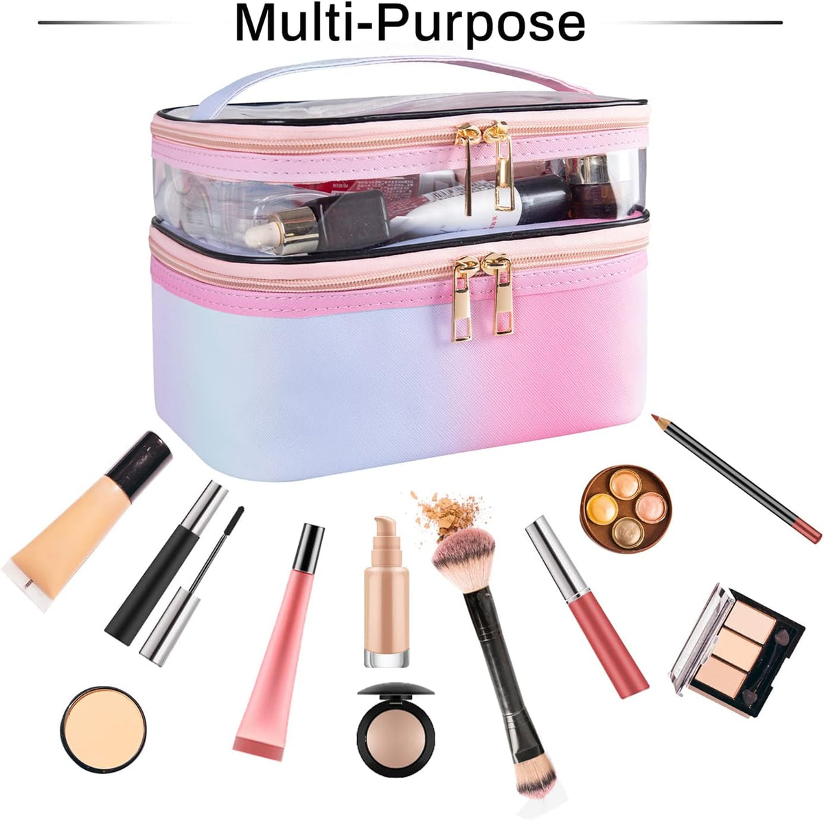 Double-layer Cosmetic Bag Makeup Bag Travel Makeup Bag Makeup Bags for Women Cosmetics Cases Portable Waterproof Foldable (Leopard)